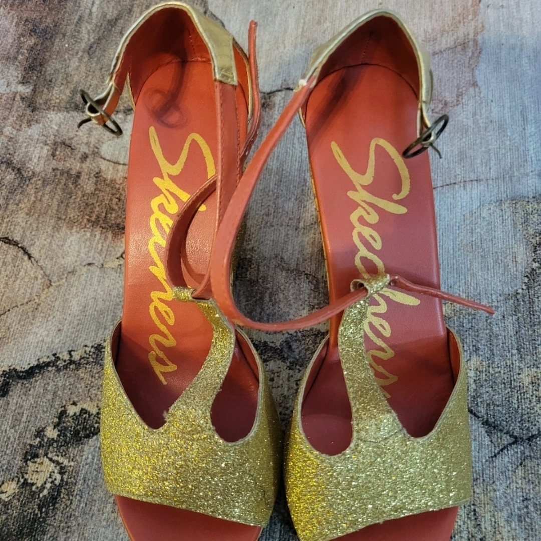 Skechers Gold Glitter And Coral Ankle-Strap Heels
